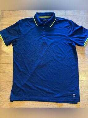 FILA Men's Navy Polo with Neon Yellow Trim